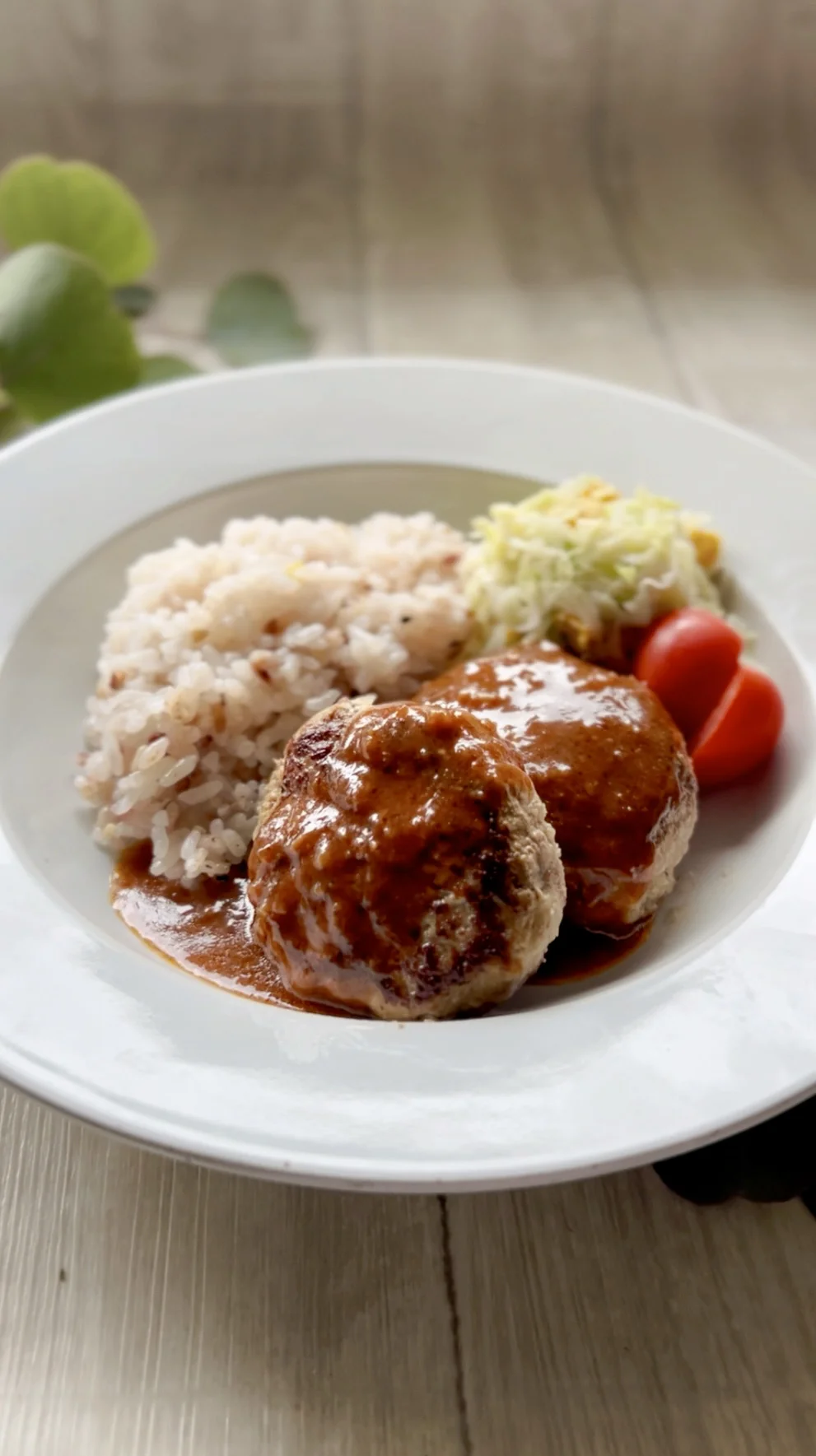ハンバーグ、ごはん、野菜を盛りつけたひと皿